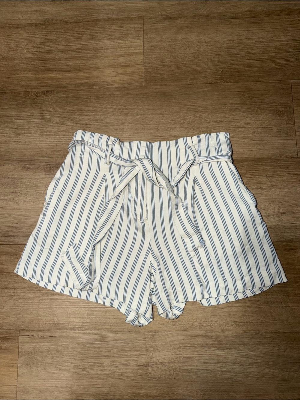 LOFT White and Light Blue Striped High-Waist Paperbag Shorts with Tie